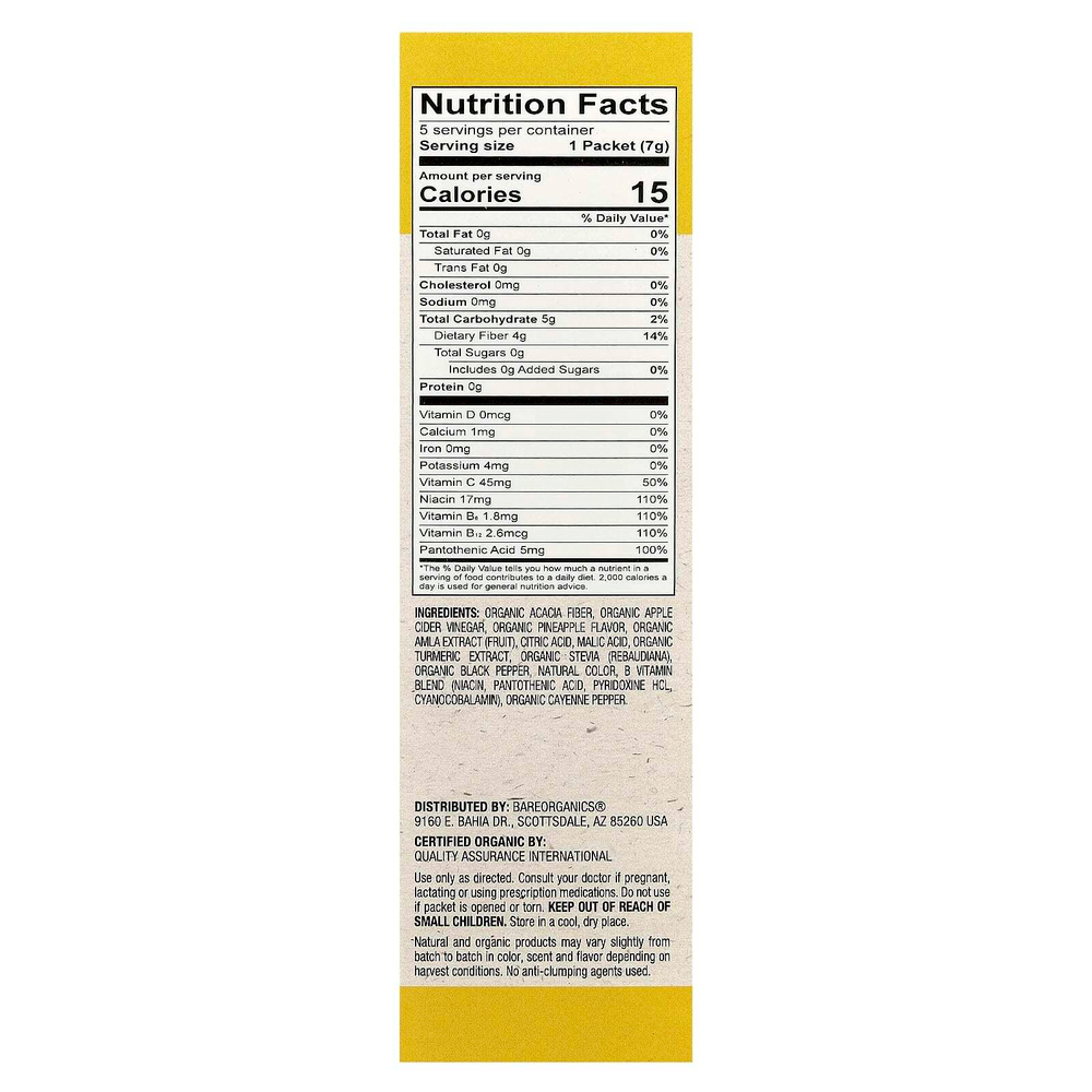 BareOrganics, Metabolism, Superfood Water Enhancer, органический ананас, 5 пакетиков в стиках, 7 г (0,25 унции)