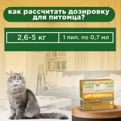 Капли на холку от глистов для кошек Профендер от 2,5-5кг. 2 пипетки в упаковке, Эмодепсид/Празиквантел