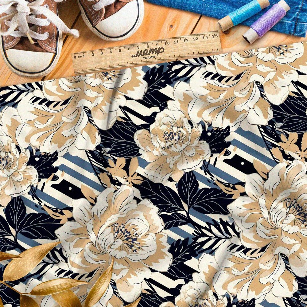 Ткань премиум сатин пионы на полосках