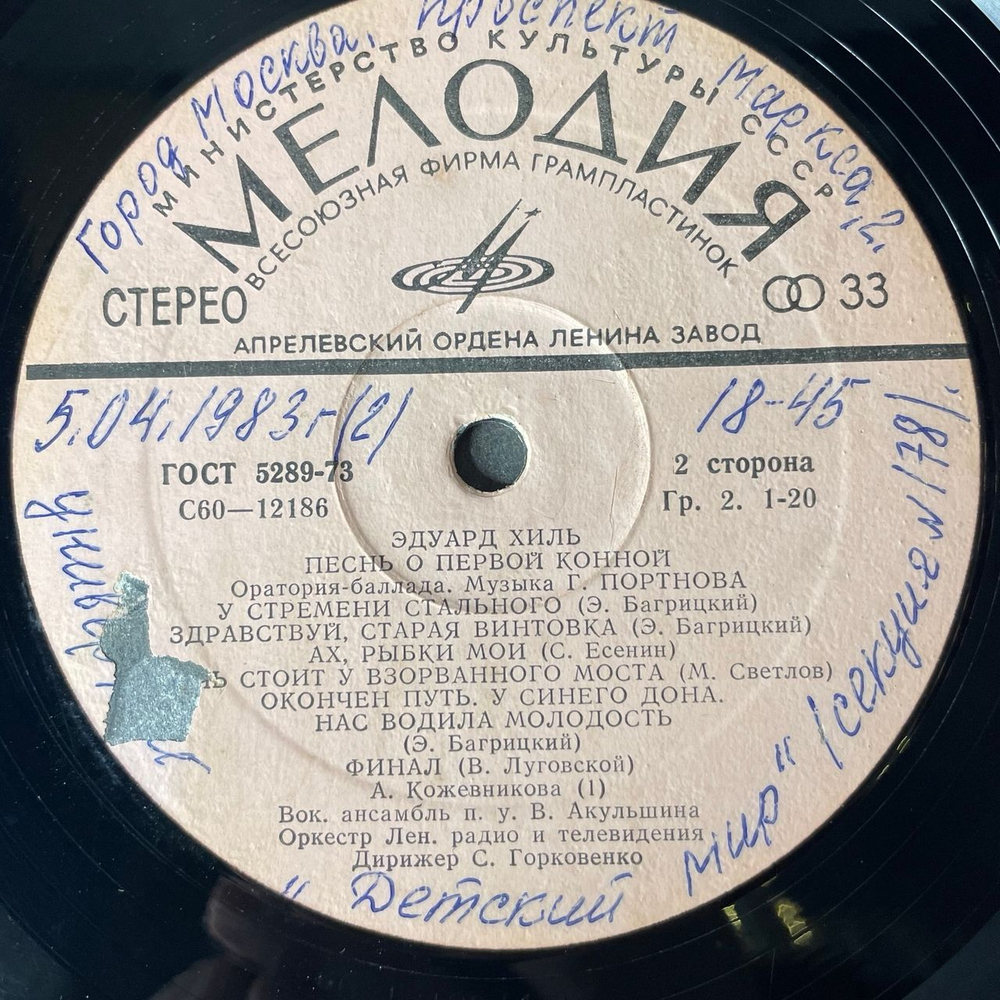 Винтажная виниловая пластинка LP Георгий Портнов, Эдуард Хиль, Песнь О Первой Конной (Оратория Баллада) (СССР 1979)