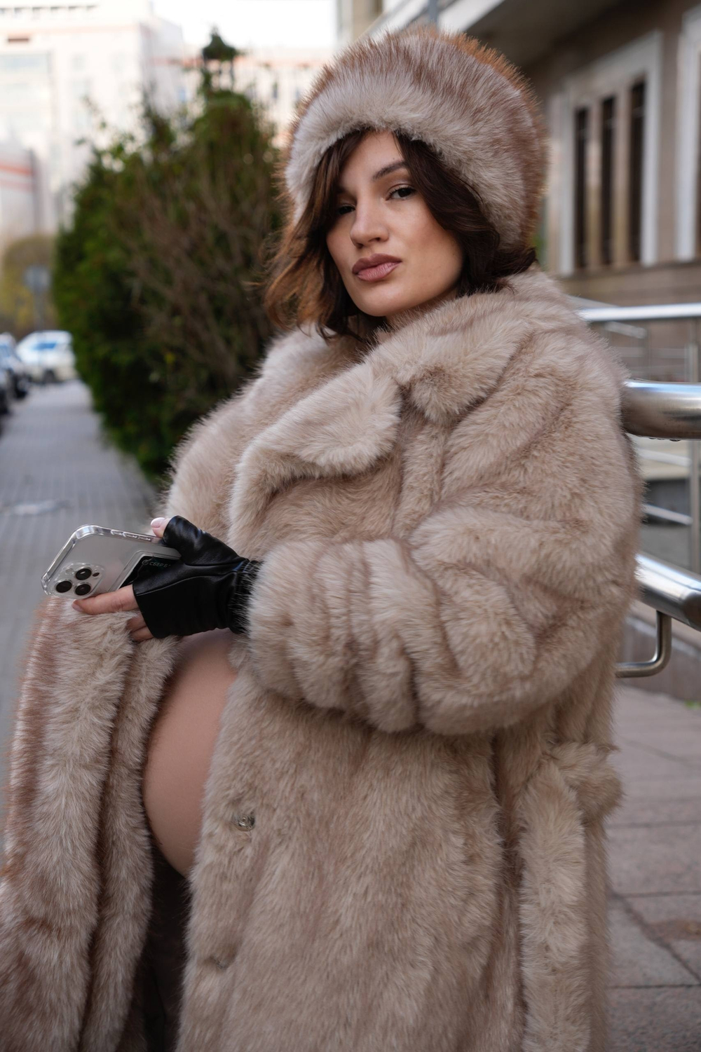 Шуба экомех «Бежевый перламутр»