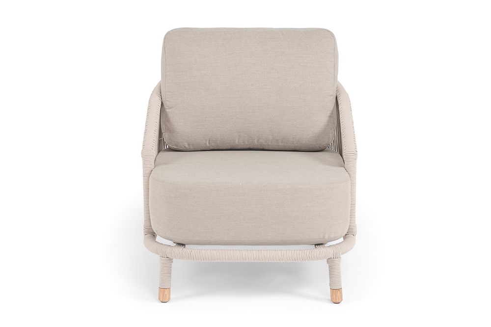 "Верона" кресло плетеное из роупа, каркас алюминий белый муар, роуп бежевый круглый, ткань бежевая 15052