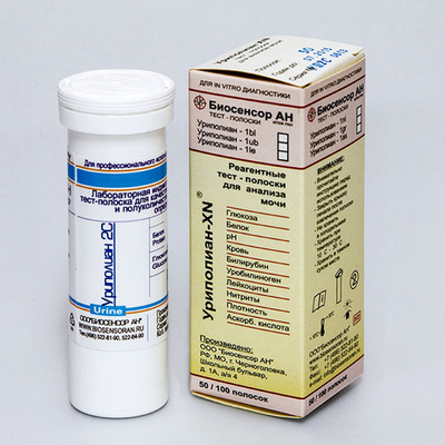 Уриполиан - 2С, (глюкоза, белок в моче), Биосенсор АН, 50 полосок, 1уп.