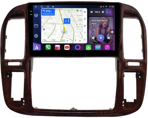Магнитола для Toyota Land Cruiser 100, Lexus LX470 1998-2002 (кондиционер или климат внизу, рамка дерево) - FarCar S500-TS10 монитор 9.5" QLED на Android 14, Быстрая, CarPlay, 4G SIM-слот