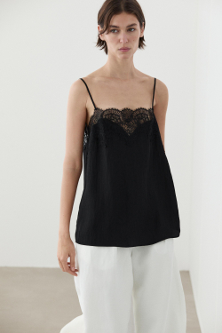 Massimo Dutti Топ в бельевом стиле с кружевом, черный