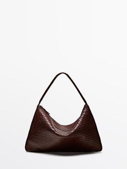 Massimo Dutti Большая плетеная сумка-саквояж из кожи наппа, бургунди