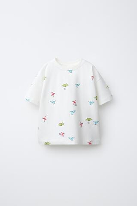 ZARA ФУТБОЛКА С ПРИНТОМ, ЖЕЛТОВАТО-БЕЛЫЙ