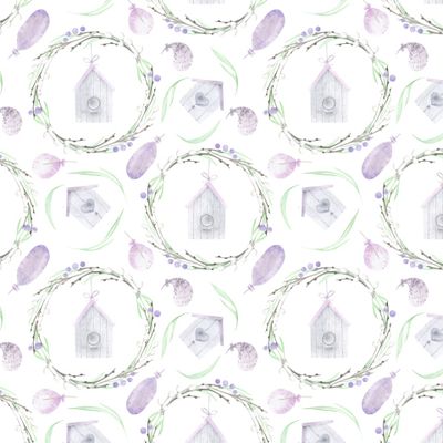 Весенний принт. Пасхальный принт. Сад, птички, природа, зелень, скворечник и растительность.