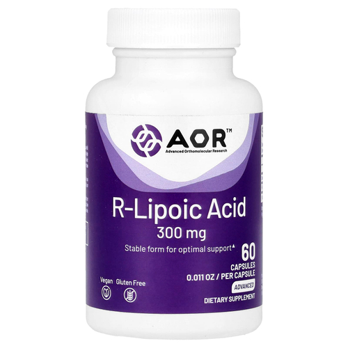 Advanced Orthomolecular Research AOR, R-липоевая кислота, 300 мг, 60 растительных капсул