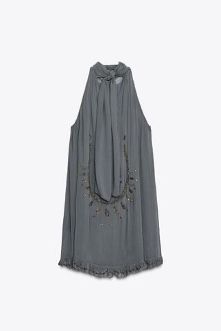ZARA ПЛАТЬЕ-ХАЛТЕР С ВЫШИВКОЙ ZW COLLECTION, СИНИЙ МЕЛАНЖ