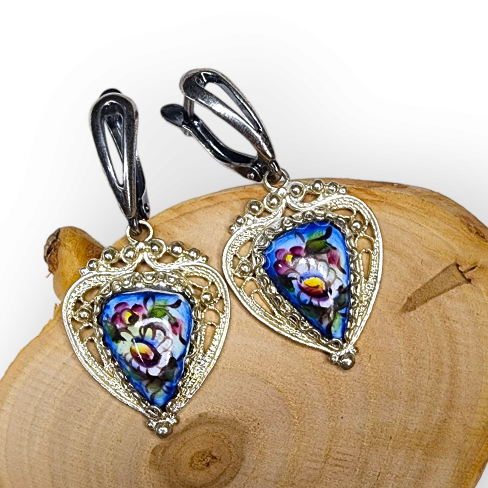 Серьги с ростовской финифтью "Осень" синие цветы эмаль, ручная работа