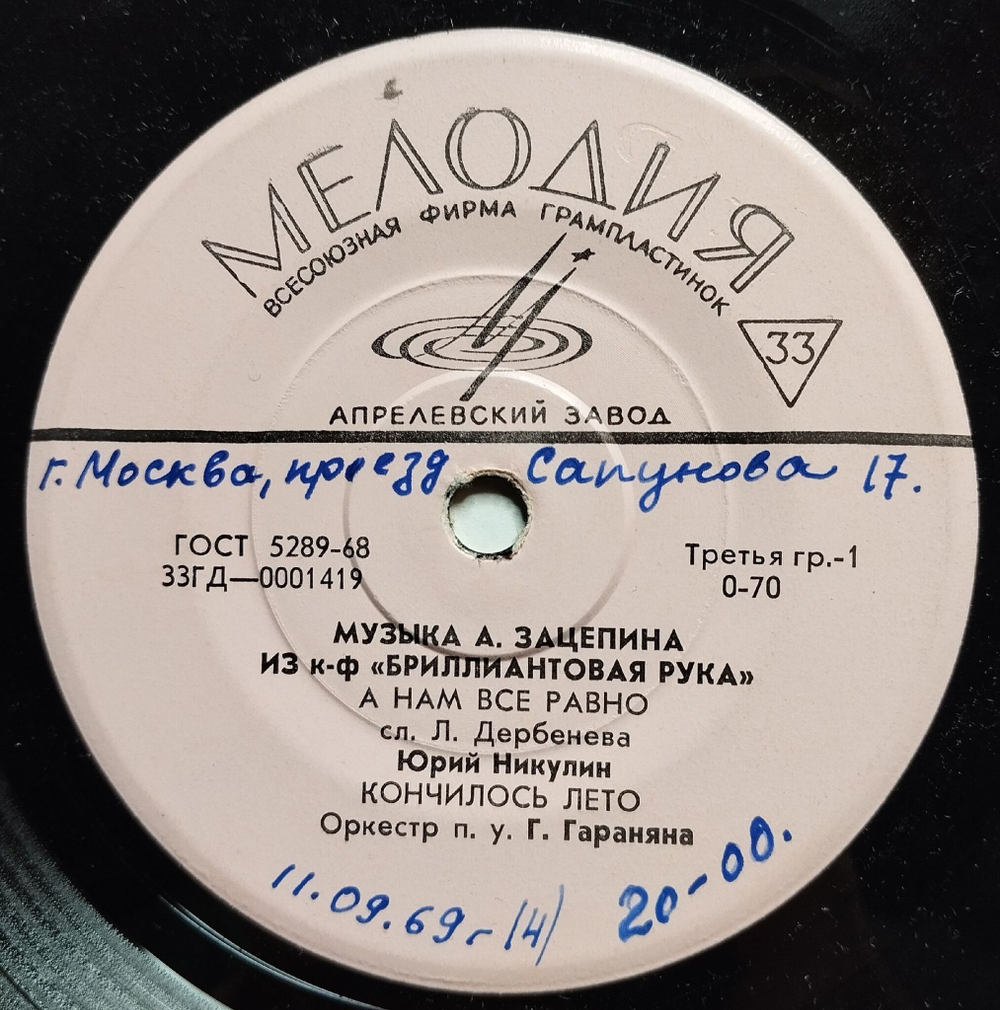 Винтажная виниловая пластинка LP А. Зацепин Музыка А. Зацепина Из К ф Бриллиантовая Рука (СССР 1972)