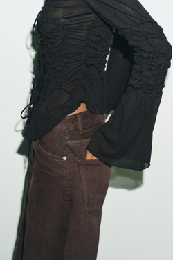 ZARA ТОП С ЗАВЯЗКАМИ И ЭЛАСТИЧНЫМИ СБОРКАМИ, ЧЕРНЫЙ