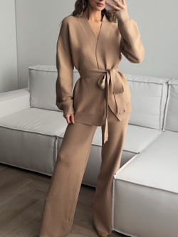 Комплект вязаный, кардиган с поясом и брюки