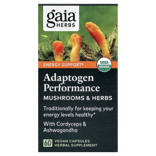 Gaia Herbs, Adaptogen Performance, грибы и травы, 60 веганских капсул