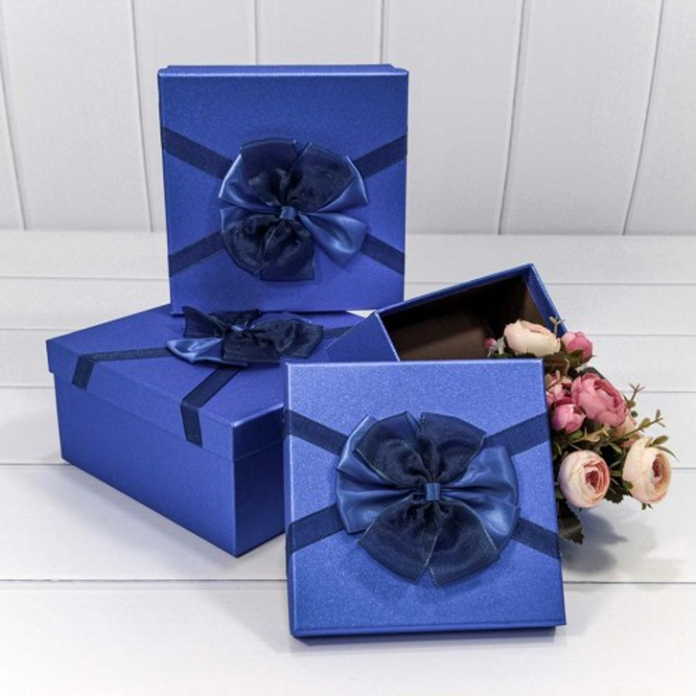 Коробка 19.5х19.5х9.5 см Набор 3 шт "Блеск" с бантом (Синий)