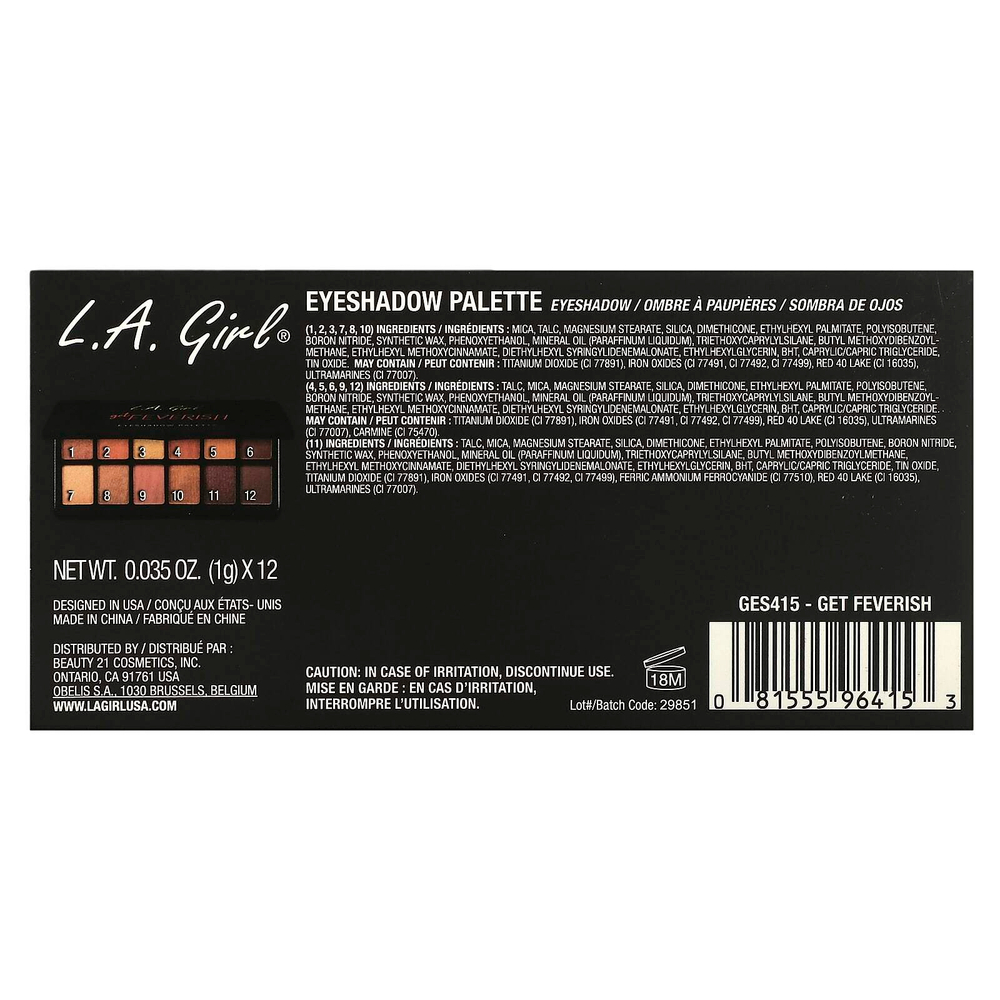 L.A. Girl, Палитра теней для век, GES415 Get Feverish, 12 г (0,42 унции)