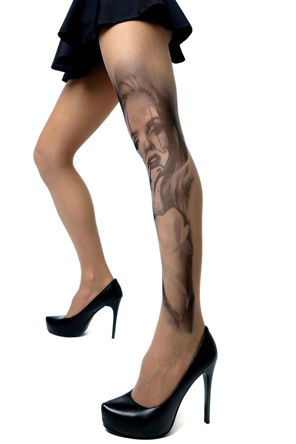 Колготки с принтом в виде девушки с макияжем джокера (Размер: S-M-L) (Цвет: бежевый)