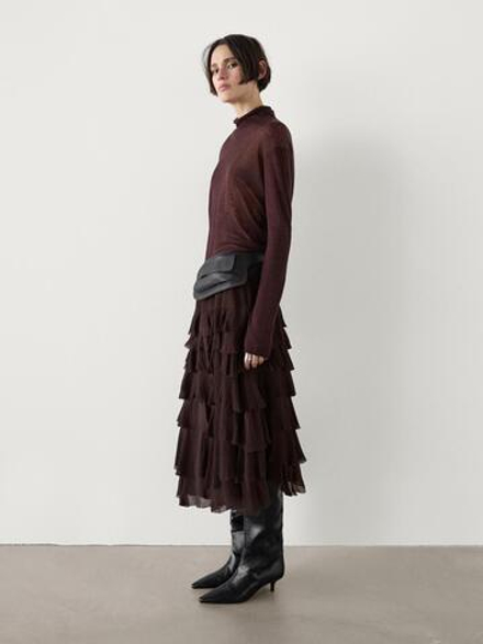 Massimo Dutti Юбка миди с оборками, шоколадно-коричневый