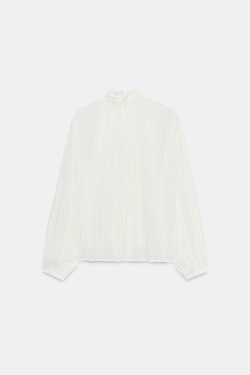 ZARA БЛУЗА ИЗ ТКАНИ БАМБУЛА С КРУЖЕВОМ И ВОЛАНАМИ, ЭКРЮ