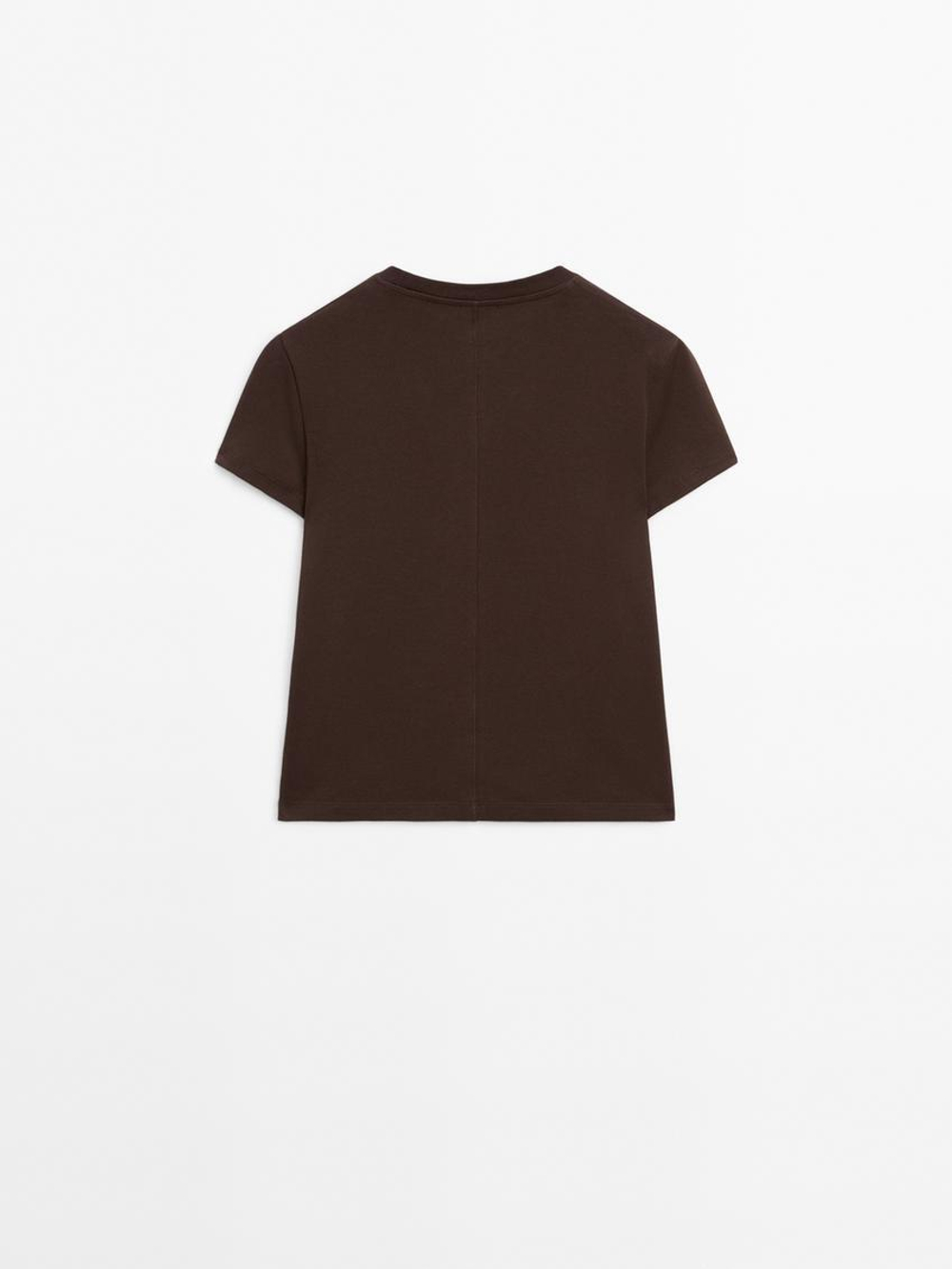 Massimo Dutti Футболка из плотного хлопка с декоративными швами, коричневый