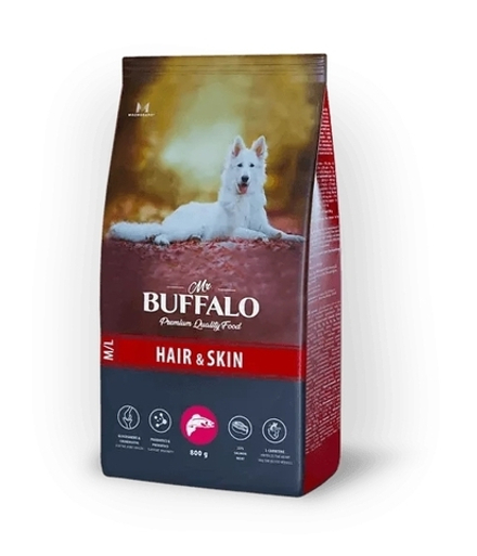 Mr.Buffalo 800г Adult Hair&Skin Care Сухой корм для кожи и шерсти для взрослых собак средних и крупных пород Лосось