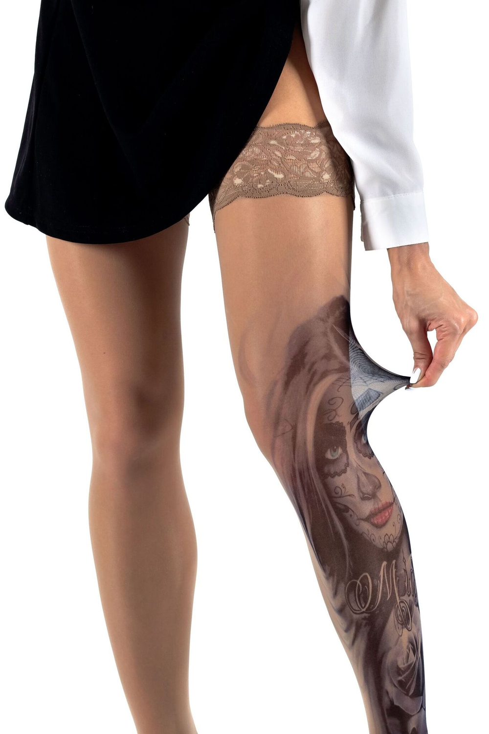 Чулки с принтом на левой ножке в виде девушки с макияжем калавера (Размер: S-M-L) (Цвет: бежевый)