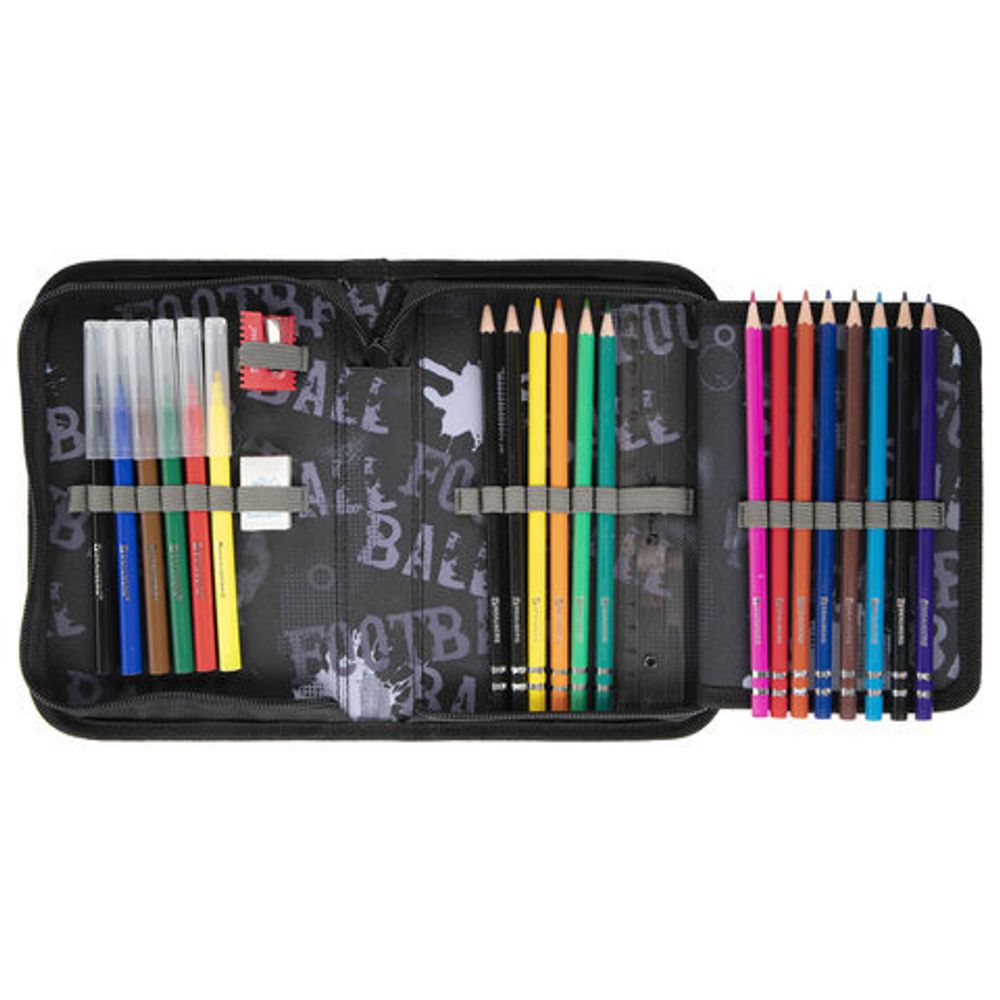 Пенал BRAUBERG с наполнением, 1 отделение, 1 откидная планка, 24 предмета, полиэстер, 21х14 см, "Fireball", 270723