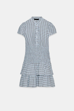 ZARA КОРОТКОЕ ПЛАТЬЕ В КЛЕТКУ С ВОЛАНАМИ, КОРИЧНЕВО-СИНИЙ