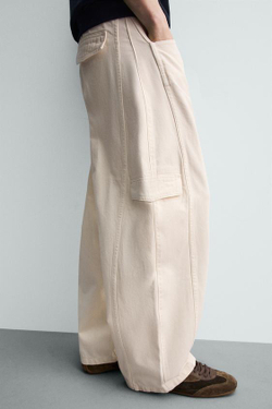 ZARA БРЮКИ КАРГО BAGGY FIT СО ШВАМИ, ЭКРЮ