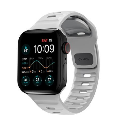 Спортивный ремешок Nomad Sport Band для Apple Watch 44, 45, 46 мм и Ultra 2–3 Водостойкий ремешок из фторэластомера с алюминиевой застёжкой pin-and-tuck. На запястье обхватом 160–193 мм (160–195 мм — с Apple Watch Ultra)