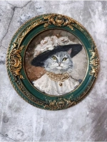 Картина маслом в круглой рамке Кошка