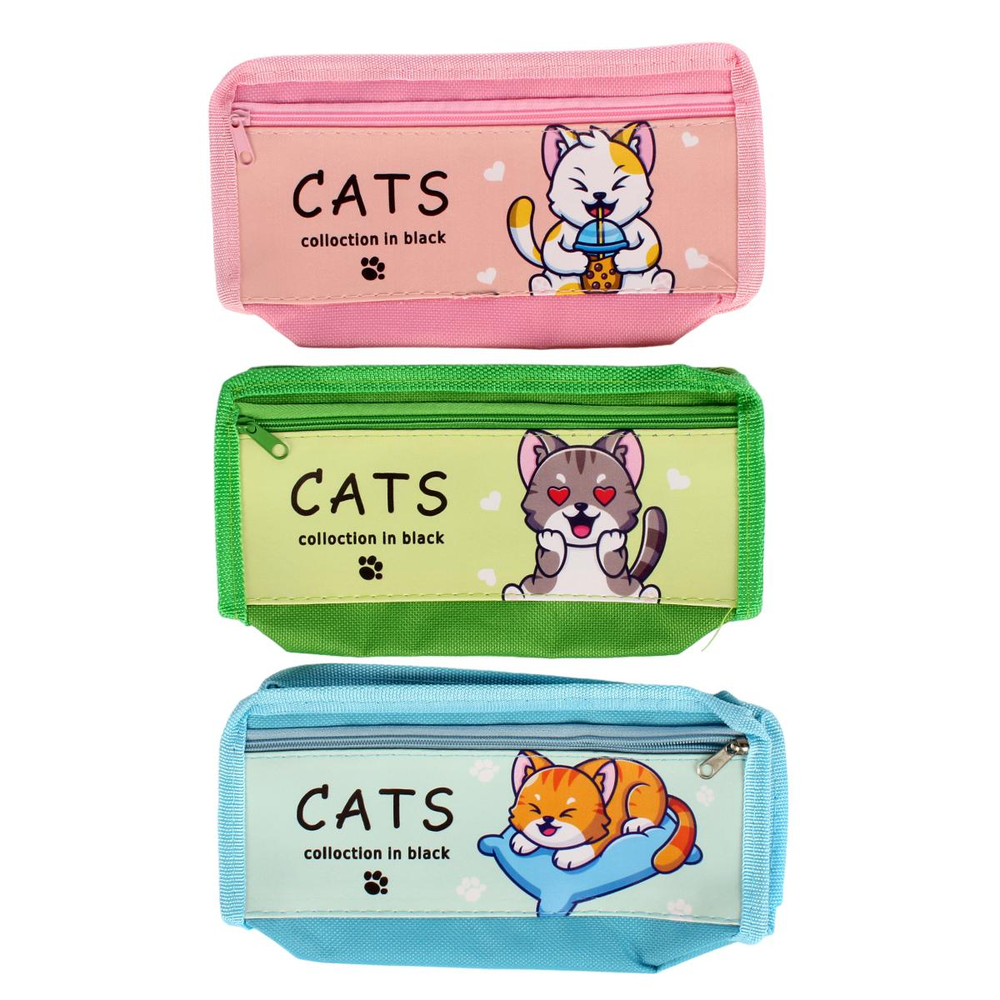 Пенал "Кошечки" текстиль с карманом, 21*9*3,5см, 3 вида микс, инд.пакет