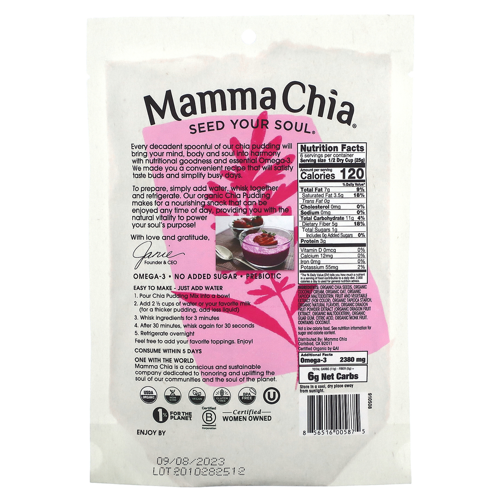 Mamma Chia, Смесь для пудинга с чиа, драконий фрукт, 150 г (5,3 унции)
