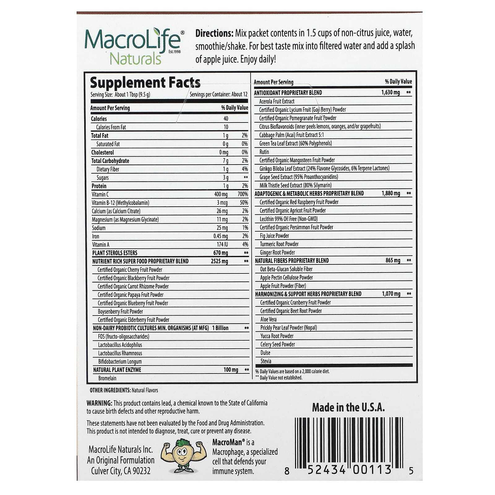 Macrolife Naturals, Miracle Reds, суперфуд, годжи, гранат, асаи, мангостан, 12 пакетиков по 9,5 г (0,3 унции)