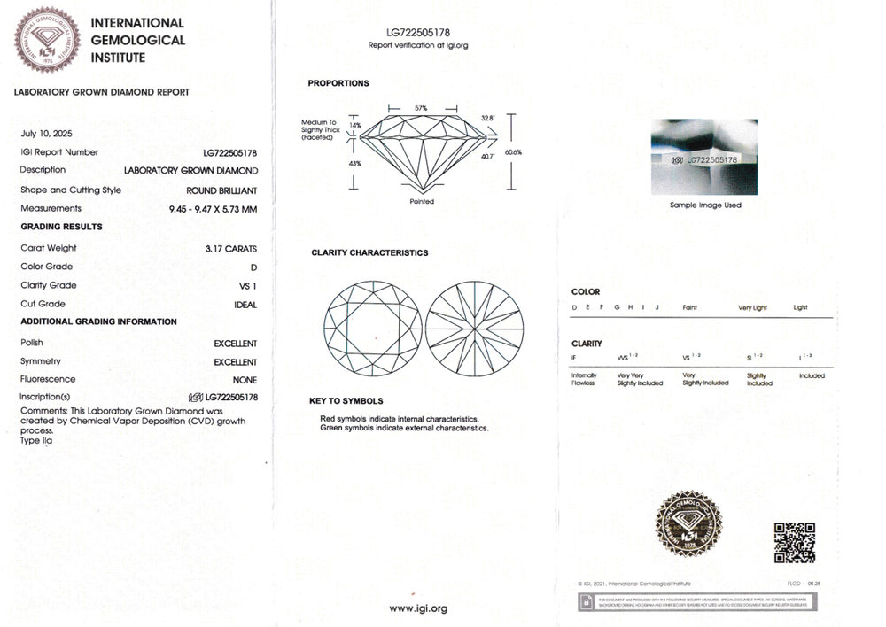 Лабораторно-выращенный бриллиант Кр-57 9.45-9.47 мм D/VS1 3.17 ct