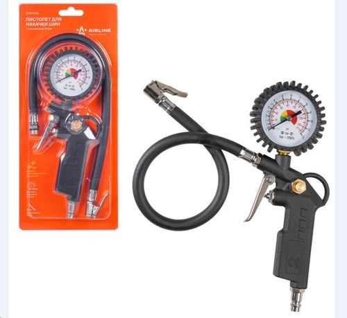 Пистолет для подкачки шин с манометром-шланг 12 Атм. (AIRLINE)