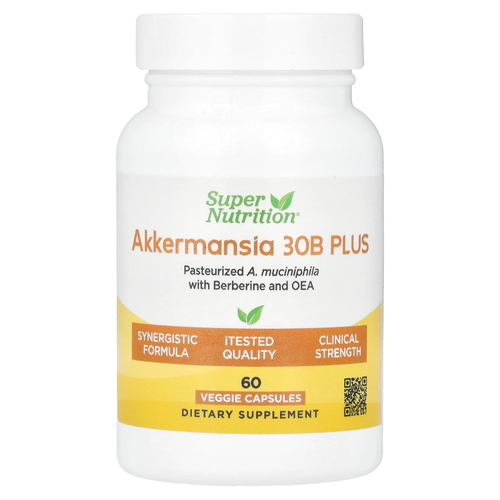 Super Nutrition, Akkermansia 30B PLUS, аккермансия с фосфолипидной матрицей с берберином и олеилэтаноламином, 60 растительных капсул