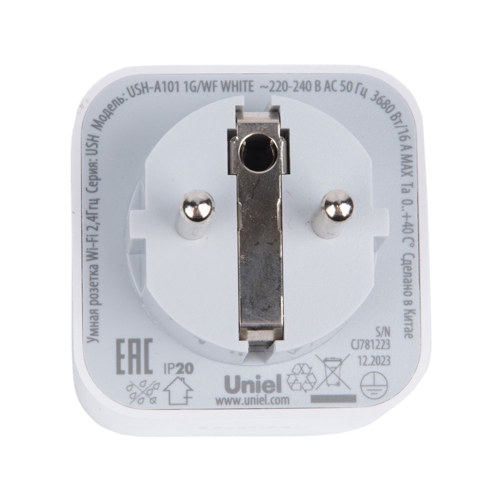 USH-A101 1G-WF WHITE Умная розетка Wi-Fi. 16A. До 3680Вт. Голосовое управление+приложение UnielSmart. TM Uniel