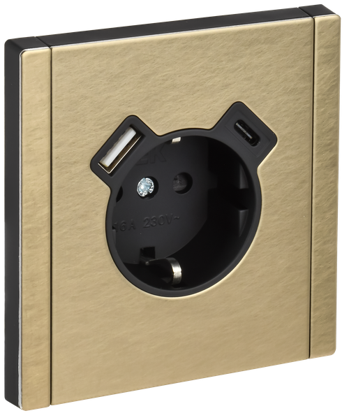 FORTE&PIANO Розетка 1-местная с заземлением с защитными шторками винтовое крепление 16А USB A+C 18Вт FP647M металл шампань IEK