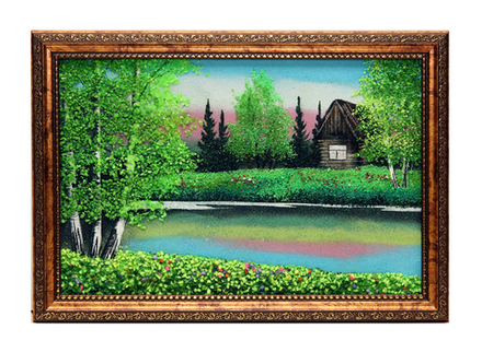 Картина " Домик у реки " рисованная каменной крошкой 23.5-33.5см