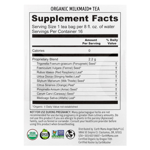 Earth Mama, Organics, органический чай Milkmate®, с ароматом фенхеля и травы, без кофеина, 16 чайных пакетиков, 35 г (1,23 унции)