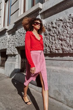 ZARA ЮБКА МИДИ ИЗ ИСКУССТВЕННОЙ ЗАМШИ, СИРЕНЕВЫЙ