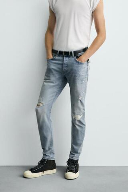 ZARA ДЖИНСЫ SKINNY FIT С ДЫРАМИ, ГОЛУБОЙ