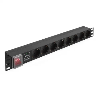 Блок розеток горизонтальный ExeGate ServerPro PDU-19H807 Al-8S-EU2-SW-SPD1 19", 1U, Алюминий 8 Schuko, кабель с евровилкой 2 метра выкл. с подсветкой SPD1, черный