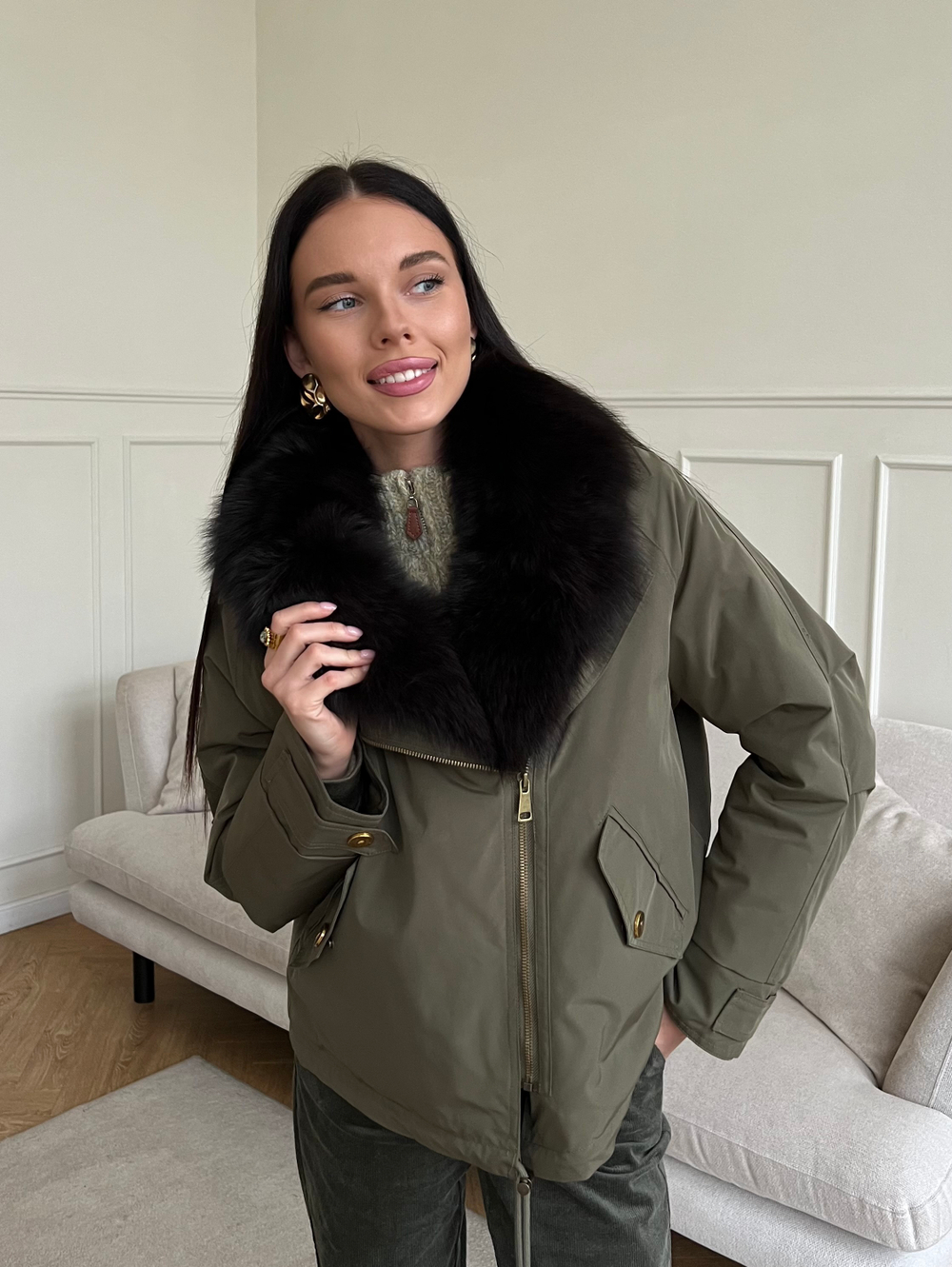 Парка Extra Lux с натуральным мехом хаки