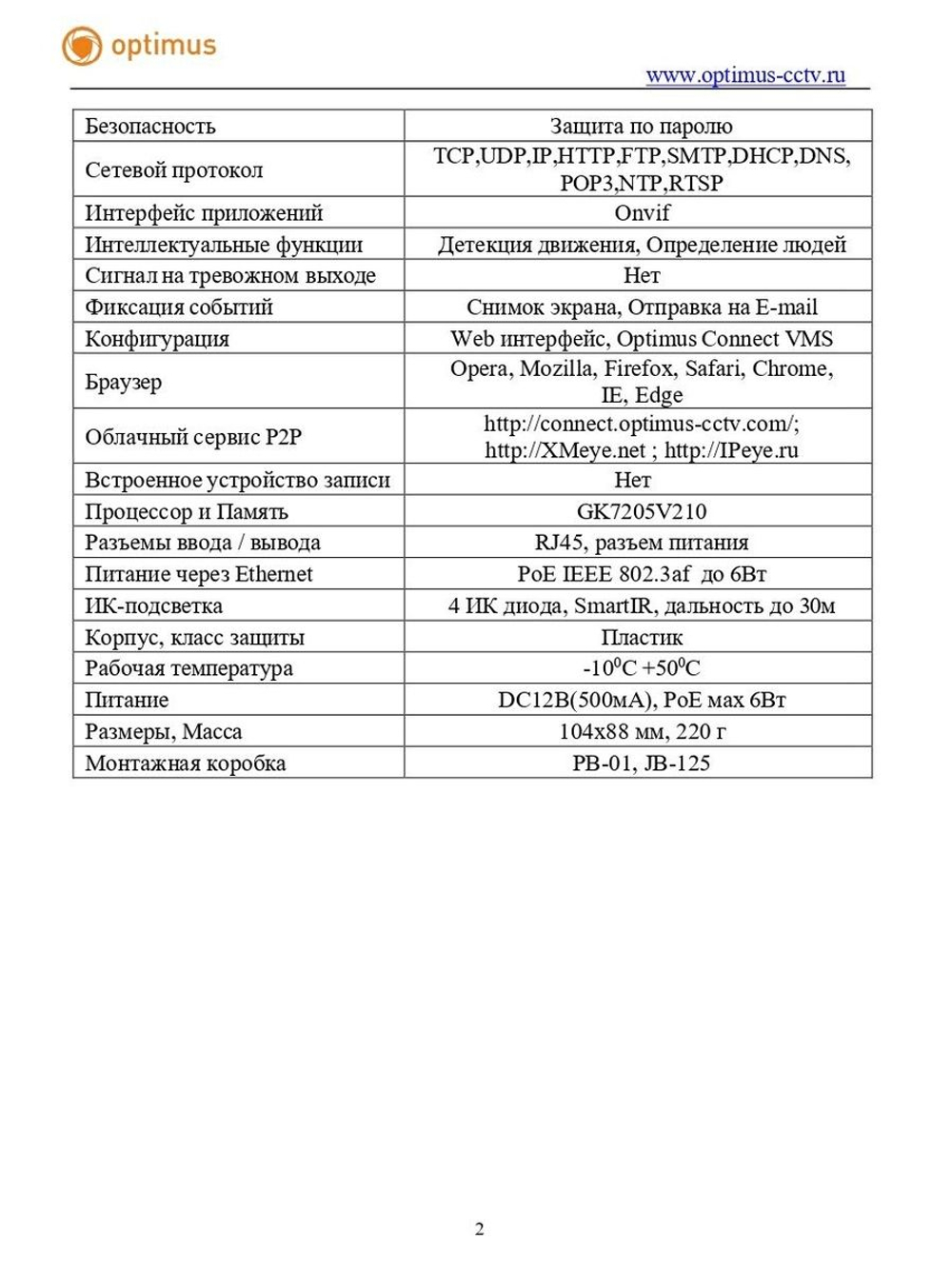Видеокамера Optimus IP-S022.1(2.8)P_V.2