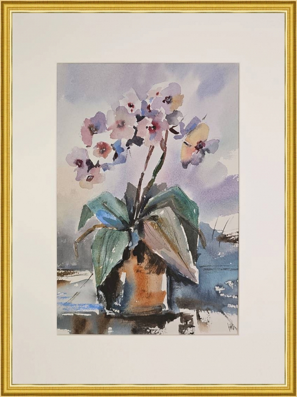 Картина авторская акварельная в паспарту 30х40 см на стену для интерьера "Орхидея"