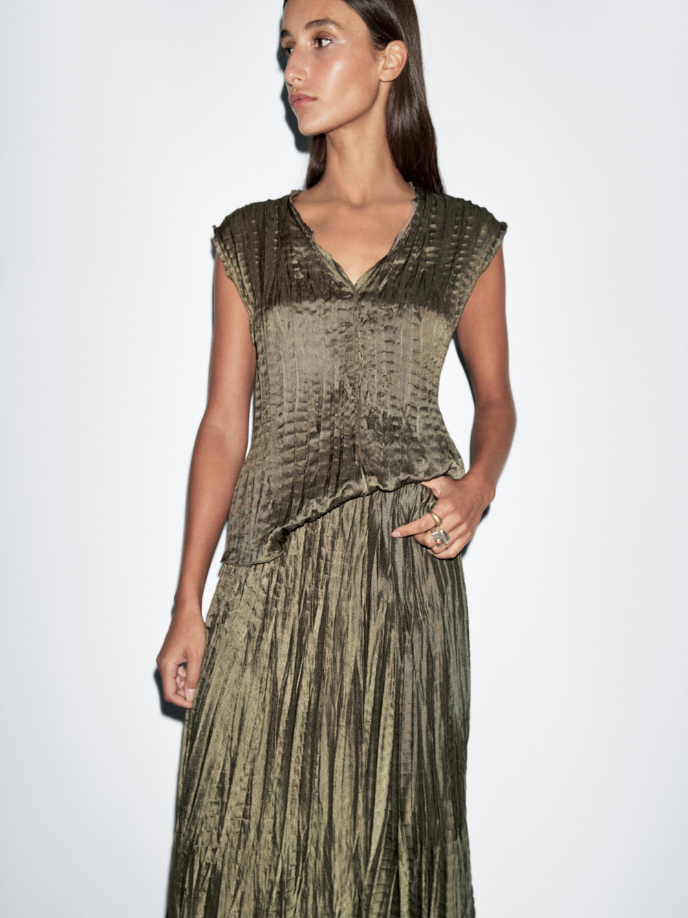 Massimo Dutti Плиссированная юбка миди, оливковый