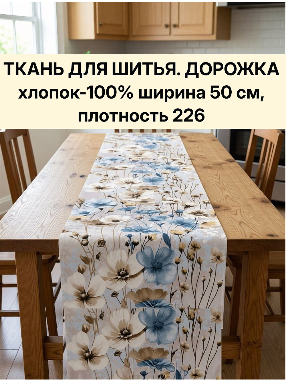 3м. Ткань для шитья, дорожка, 100% хлопок, плотн- 226, шир.-50 см, отрез 50 х300 см "Дорожка" арт.61